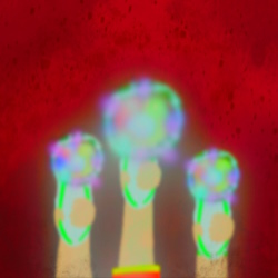 The fanmix's cover art. It shows a blurry image of Haru holding up his glowing AppliDrive with Astra and Eri holding up their own beside him against a spotty red background.