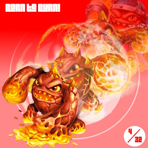 The fanmix's cover art. It shows Eruptor from Skylanders's various promotional arts in a slowly-fading diagonal line against a gradient red background with a Fire Element symbol over it. The fanmix's title is written in white, and it has a small sticker that reads fourth out of thirty-two in the corner.