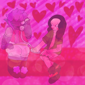 The fanmix's cover art. It shows Kabune listening to a retro telephone and winking at a blushing Lorenza in a heavily pink-lit room with hearts flying around them.