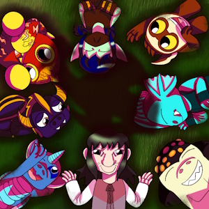 The fanmix's cover art. It shows Chihiro Hatsuki from Chihiro Hatsuki's Skylanders and seven of the main eight Skylanders laying on a grassy field in varying positions, with Cynder's shadow flying above them.