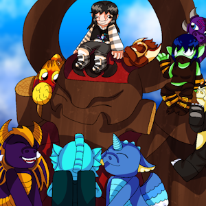 The fanmix's cover art. It shows Chihiro Hatsuki from Chihiro Hatsuki's Skylanders and the main eight Skylanders climbing on and surrounding a smiling Tree Rex agianst a cloudy blue sky.