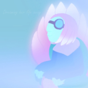 The fanmix's cover art. It shows a slightly blurry Dorithelyn sitting in her floating chair and looking up in a blue, misty area, with the fanmix's title faintly written beside her in cursive.