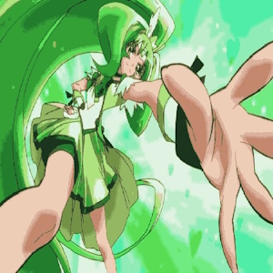 The fanmix's cover art. It shows Cure March from Smile Precure striking her transformation pose, and a filter has been applied to give it an 8-bit feeling.