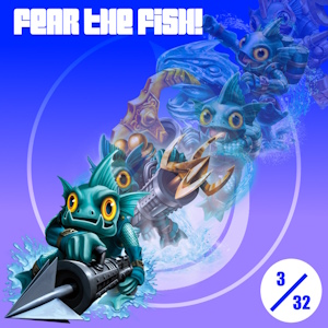 The fanmix's cover art. It shows Gill Grunt from Skylanders's various promotional arts in a slowly-fading diagonal line against a gradient blue background with a Water Element symbol over it. The fanmix's title is written in white, and it has a small sticker that reads third out of thirty-two in the corner.