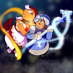 The fanmix's cover art. It shows Cherry and Snow Sugar Cookies from Cookie Run leading against each other while floating in a dark, cloudy area. Cherry smiles and holds one of her bombs, while Snow Sugar has an uncertain, blushing look as they clutch their staff, and a heart outline made of fire and icy wind surrounds them.