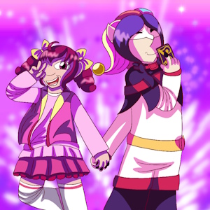 The fanmix's cover art. It shows Miyuki Hoshizora and Joker from Smile Precure smiling and holding hands while standing together against a sparkly pink and purple explosion. Miyuki winks and makes a peace sign while Joker slyly holds one of his playing cards to his face.