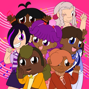 The fanmix's cover art. It shows the main characters of Majo Doremi smiling and posing together in a tight-knit group against a pink background with musical staffs and notes covering it.