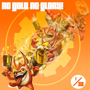 The fanmix's cover art. It shows Trigger Happy from Skylanders's various promotional arts in a slowly-fading diagonal line against a gradient orange background with a Tech Element symbol over it. The fanmix's title is written in white, and it has a small sticker that reads first out of thirty-two in the corner.