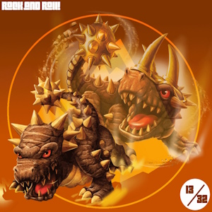 The fanmix's cover art. It shows Bash from Skylanders's various promotional arts in a slowly-fading diagonal line against a gradient brown background with an Earth Element symbol over it. The fanmix's title is written in white, and it has a small sticker that reads thirteenth out of thirty-two in the corner.