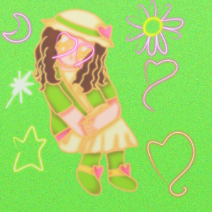 The fanmix's cover art. It shows a glowing Lorenza with hearts drawn around her eyes in light sitting down and clutching her knees against a grainy bright green background, and various objects such as hearts and flowers are drawn around her in light.