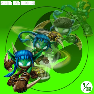 The fanmix's cover art. It shows Stealth Elf from Skylanders's various promotional arts in a slowly-fading diagonal line against a gradient green background with a Life Element symbol over it. The fanmix's title is written in white, and it has a small sticker that reads seventh out of thirty-two in the corner.