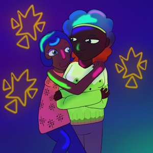 The fanmix's cover art. It shows Pango and Robin from Animal Crossing as humans, smiling at each other while Pango clings to Robin against a colorful, blurry background with stars surrounding them.