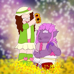 The fanmix's cover art. It shows Kabune sitting in a flower field and holding a lavender flower crown as they smile up at Lorenza, who gleefully presents them with a flower crown made of sunflowers, against a purple, blue and green galaxy.