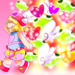 The fanmix's cover art. It shows Amitie from Puyo Puyo smiling and running against a pink background while a shower of wings, hearts, and green Puyos rain down behind her.