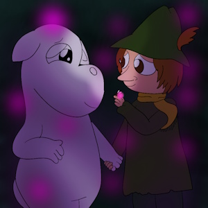 The fanmix's cover art. It shows Moomintroll and Snufkin from the Moomins smiling and blushing at each other as they hold hands while surrounded by pink fireflies in a dark area.